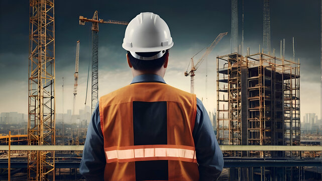 rear view of professional engineer manager standing concentrate focus multi exposure with building construction industry background construstion engineer concept