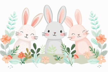 Happy Easter Eggs Basket Adventure. Bunny in flower easter calla lilie decoration Garden. Cute hare 3d forest green easter rabbit spring illustration. Holy week church service card wallpaper grinning