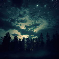 Night forest with cloudy sky with stars