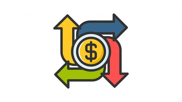 Animated cash flow with dollar sign and arrows representing financial growth, ideal for finance blogs, presentations, and investment concepts in design projects