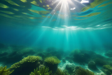 Fototapeta na wymiar Underwater View of Coral Reef With Sunlight Shining Through