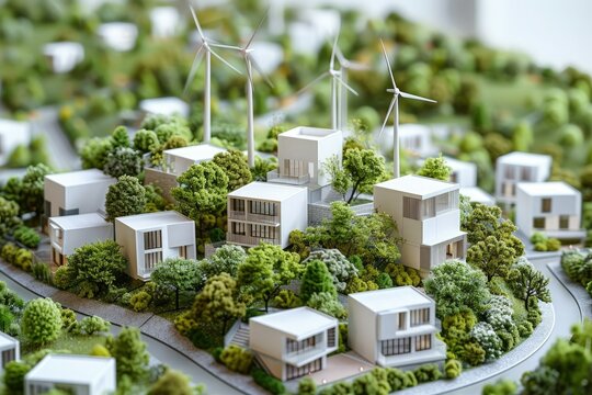 A miniature model of an eco-village with houses, windmills, roads, trees and bushes. Green energy and ecology concept.