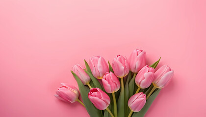 Beautiful composition spring flowers. Bouquet of pink tulips flowers on pastel pink background. Valentine's Day, Easter, Birthday, Happy Women's Day, Mother's Day.
