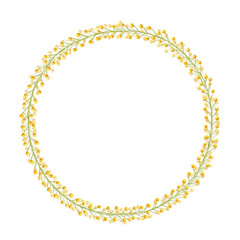 Yellow mimosa flowers round wreath frame. Watercolor background border with hand drawn flower illustration isolated on white for card design, print, web banner, holiday decor. Acacia dealbata, silver