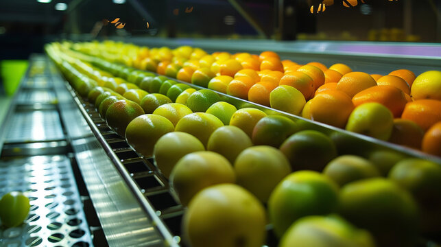 A closeup of a hightech fruit sorting machine captures its quick and meticulous sorting process. Using cameras and specialized software the machine sorts the fruit based on