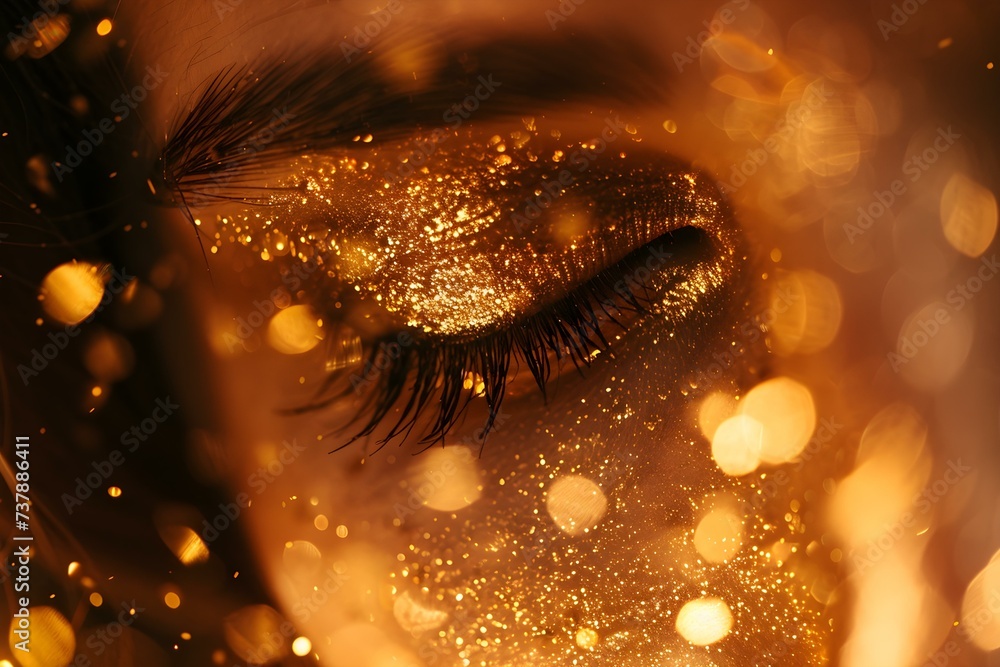 Poster a closeup capturing the mesmerizing details of a womans face with golden particles. concept macro be