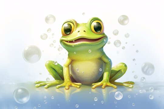 a cartoon frog sitting on a surface with bubbles
