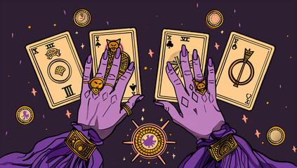 Illustration of hands with tarot and oracle card spread, inviting users to seek guidance, self-reflection, and spiritual insights. These cards serve as powerful tools for divination.
