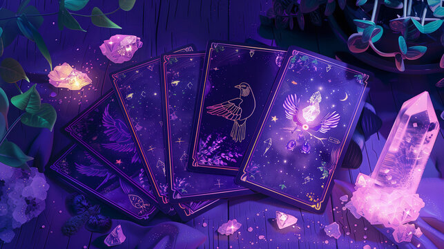Tarot and oracle card spread next to ametist crystal, inviting users to seek guidance, self-reflection, and spiritual insights. These cards serve as powerful tools for divination.