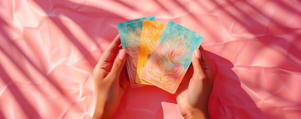 Hands holding 3 beautiful tarot and oracle card on pink background, inviting users to seek guidance, self-reflection, and spiritual insights. These cards serve as powerful tools for divination. - obrazy, fototapety, plakaty