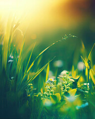 Green grass and flowers at sunrise