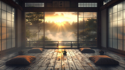 Traditional Japanese tea room with tatami mats and sliding shoji doors. 
