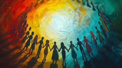 Silhouette of a Unity Circle: A depiction of a circle of diverse silhouettes holding hands, symbolizing unity, inclusivity, and equality among all individuals.


