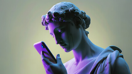 Ancient Greek marble woman sculpture holds a phone in her hands and looks at the screen. Woman statue communicates on a social network using a cellphone. - obrazy, fototapety, plakaty