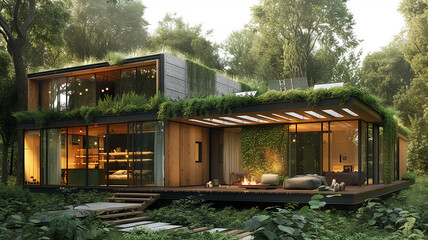 Sustainable eco-friendly home design with solar panels and recycled materials. 