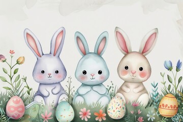 Obraz premium Happy Easter Eggs Basket freshness. Bunny in flower easter sustainable decoration Garden. Cute hare 3d Orange Sunset easter rabbit spring illustration. Holy week Turquoise card wallpaper Content area