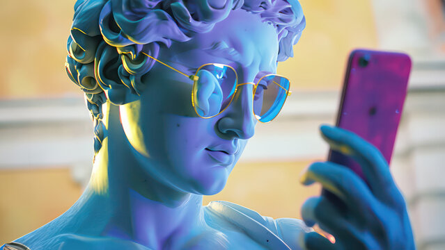 Ancient Greek marble man sculpture in glasses holds a phone in his hands and looks at the screen. Man statue communicates on a social network using a cellphone