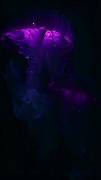 Neon blue and purple translucent jelly fish under water