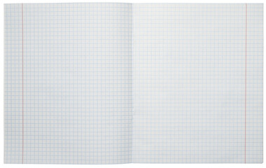 Classic Exercise book, checkered notebook isolated on a white background. Top view.