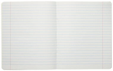 Lined notebook paper or classic Exercise book isolated on a white background. Top view.