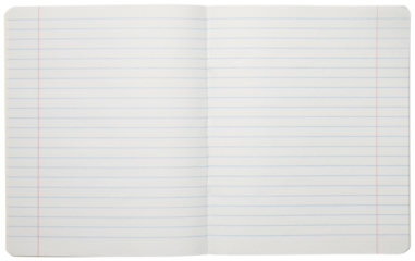 Lined notebook paper or classic Exercise book isolated on a white background. Top view.