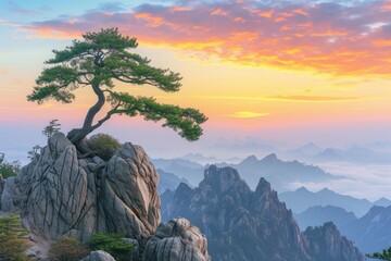 A tree standing proudly on a cliff's edge, overlooking expansive views of the sea and distant mountains. - obrazy, fototapety, plakaty