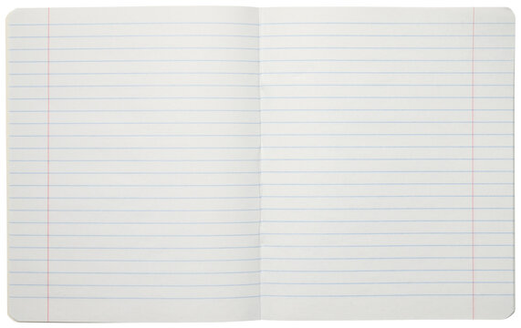 Lined notebook paper or classic Exercise book isolated on a white background. Top view.