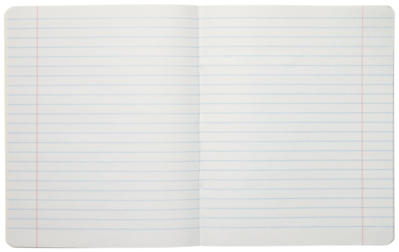 Lined notebook paper or classic Exercise book isolated on a white background. Top view.