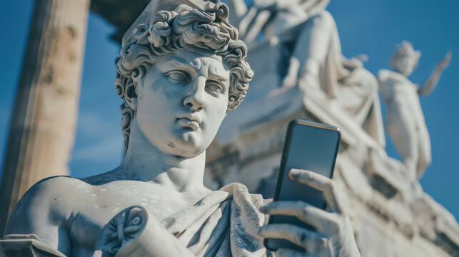 Ancient Greek marble man sculpture holds a phone in his hands and looks at the screen. Man statue communicates on a social network using a cellphone