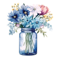 Flowers watercolor painting glass jar with garden