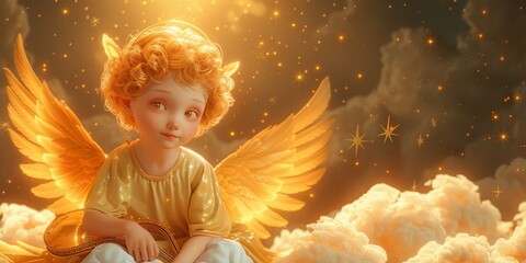 Angelic illustration depicting a cute child with white wings symbolizing purity, innocence and divine beauty. - obrazy, fototapety, plakaty