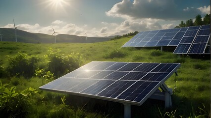Solar Panels and Wind Turbines Harnessing Renewable Energy in a Lush Green Field Under a Bright Sunlit Blue Sky, generative AI