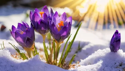 Fotobehang Purple crocus flowers in snow, awakening in spring to the warm gold rays of sunlight © ROKA Creative