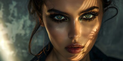 A striking model captivates with fierce smokey eyes against a dramatic setting. Concept Smokey Eye Makeup, Fierce Model, Dramatic Setting, Striking Portraits, Captivating Beauty