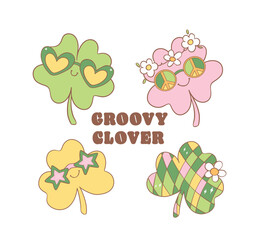 Groovy st patrick's day, cute disco 4 and 3 leaf clover cartoon doodle drawing.
