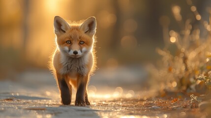 Naklejka premium Playful Red Fox Kits in a Meadow: Adorable red fox kits frolicking in a sunlit meadow, capturing a heartwarming and playful moment