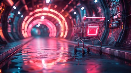 Neon Shopping Cart A Glowing Trolley in a Futuristic Mall Generative AI - obrazy, fototapety, plakaty