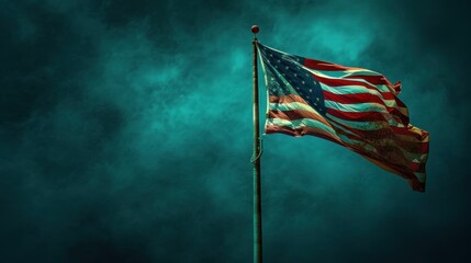 Flag of United States of America being waved in the breeze against a sunset sky. US flag