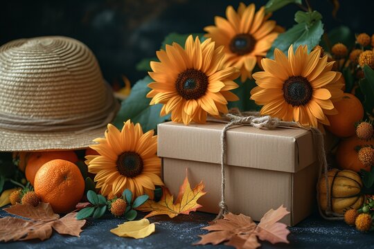 Sunny Gift Box with Sunflowers and Leaves Generative AI