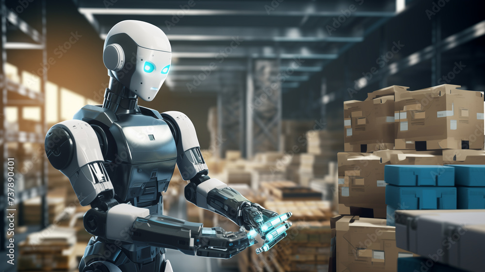 Aufkleber ai robot working in warehouse, modern ai robot working in shipping company, artificial intelligence 