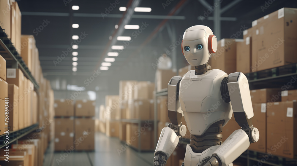 Poster ai robot working in warehouse, modern ai robot working in shipping company, artificial intelligence 