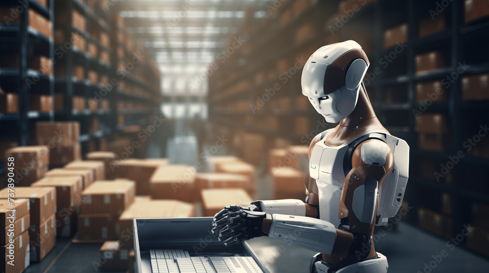 Poster ai robot working in warehouse, modern ai robot working in shipping company, artificial intelligence 