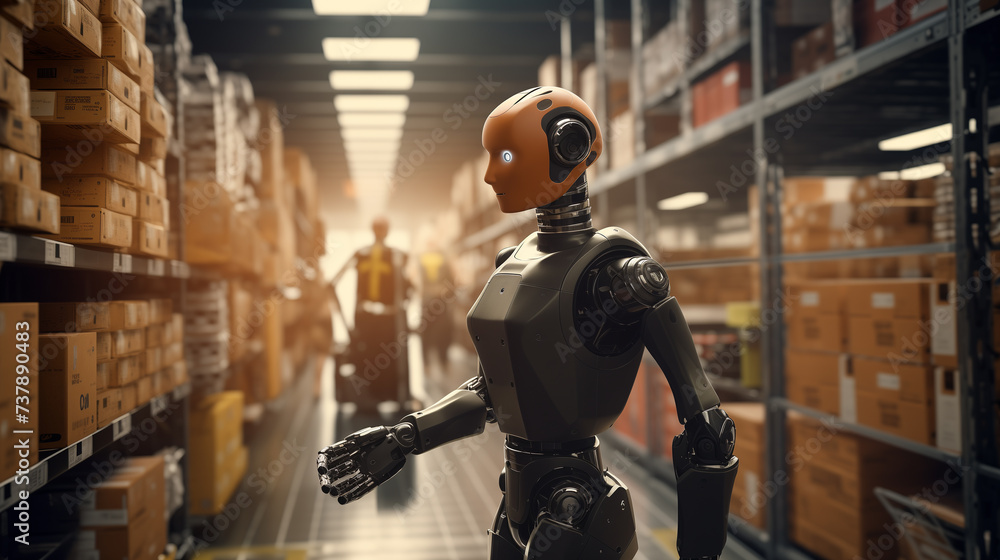 Poster ai robot working in warehouse, modern ai robot working in shipping company, artificial intelligence 
