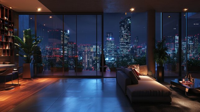 Fototapeta Loft contemporary interior apartments with city skyline and buildings city from glass window