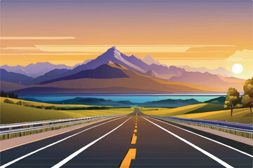 Road landscape View. Beautiful Landscape showing view of a road leading to city and hills. Landscape of a highway with mountains in the background. vacation trip. Vector Illustration.