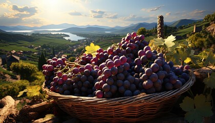 A sunny vineyard scene with a basket of fresh grapes