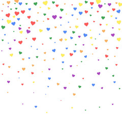 Flying hearts for valentine's day. Rainbow colored scattered hearts. LGBT valentine card. Beautiful flying hearts vector illustration.