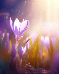 Fairytale sunlight on spring flower crocus. View of magic blooming spring flowers crocus growing in wildlife