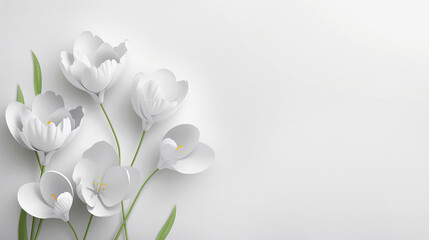 bouquet of snowdrops on a white surface. flat composition, top view, copy space
