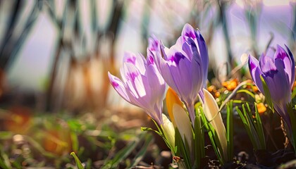 Fairytale sunlight on spring flower crocus. View of magic blooming spring flowers crocus growing in...